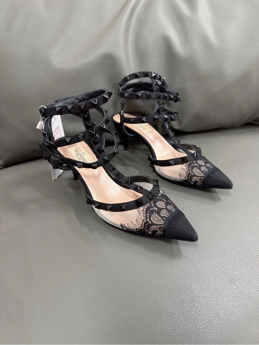 Valentino Black Lace T-Strap Rockstud Pointed Heels